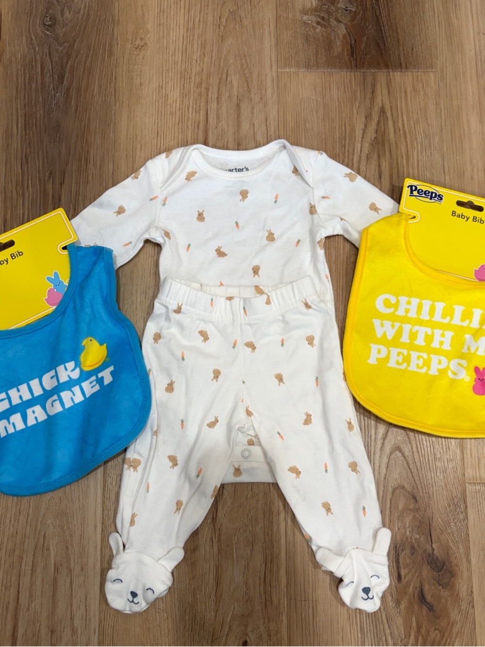 Carter's White Footed Bunny Print One-Piece with Blue and Yellow Bibs